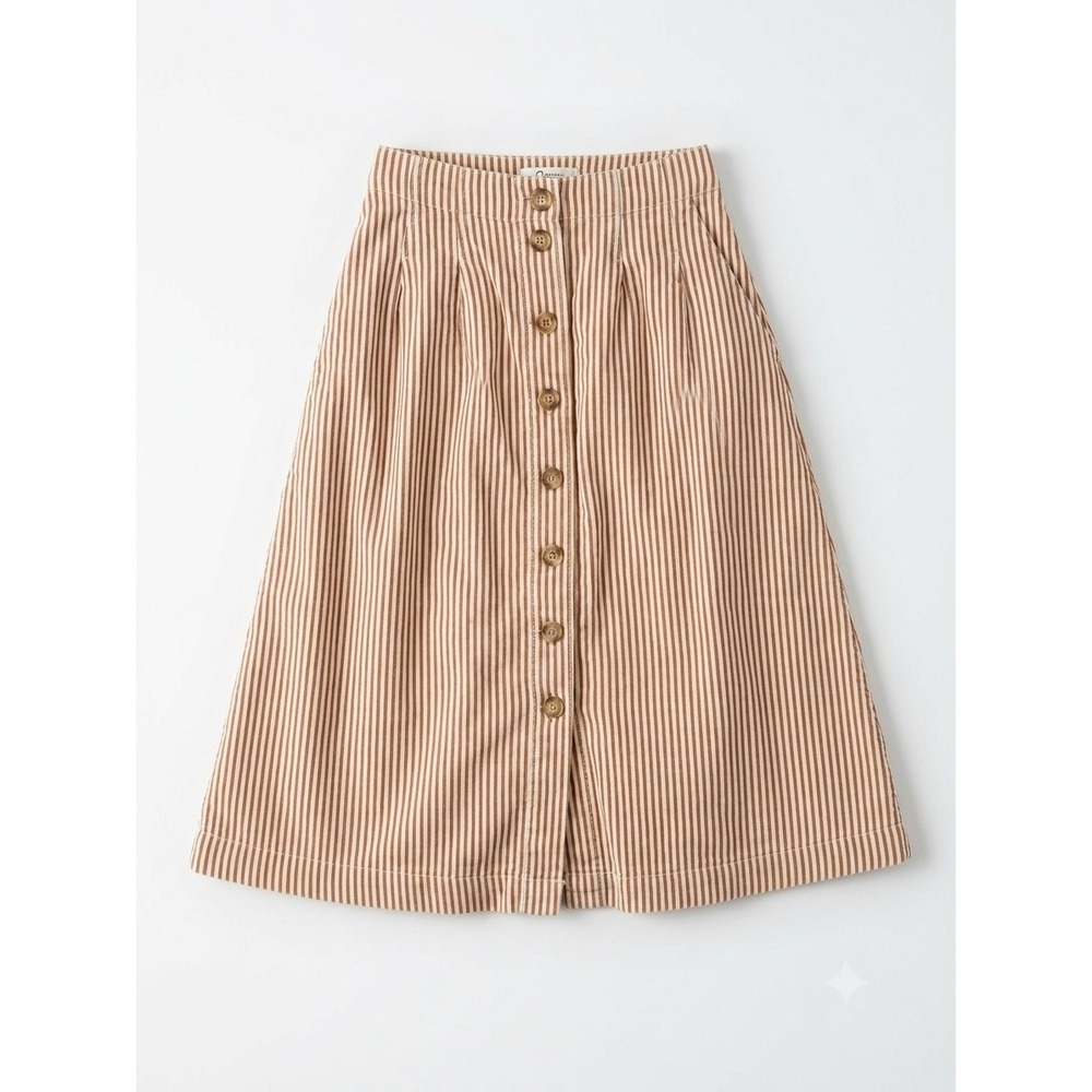 Madewell BrownWhite Striped Button Front Midi Skirt Size 00 A-Line Cotton Pocket